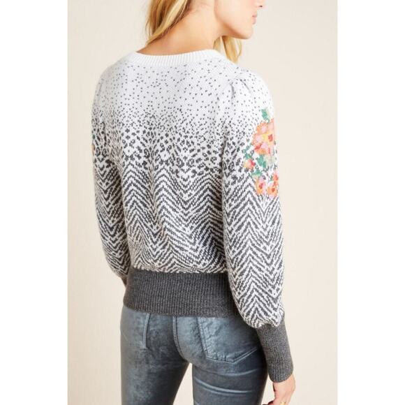By Anthropologie Karolina Sweater Size LP Ivory Gray Floral Wool Jacquard Petite - Picture 4 of 16